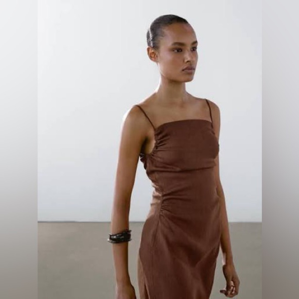 Massimo Dutti Brown Gathered Linen blend midi long dress